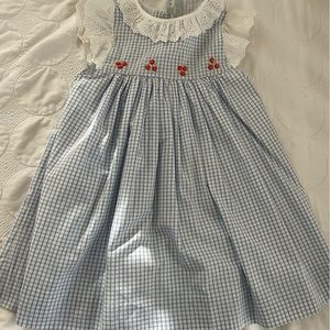 THE PROPER PEONY BLUE WINDOWPANE ROSETTE DRESS WITH EYELET TRIM - Sz 5